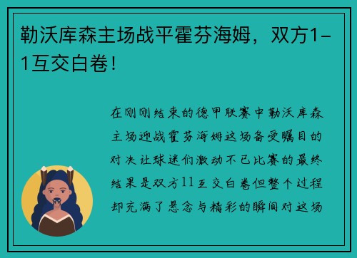 勒沃库森主场战平霍芬海姆，双方1-1互交白卷！