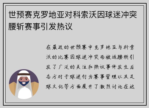 世预赛克罗地亚对科索沃因球迷冲突腰斩赛事引发热议