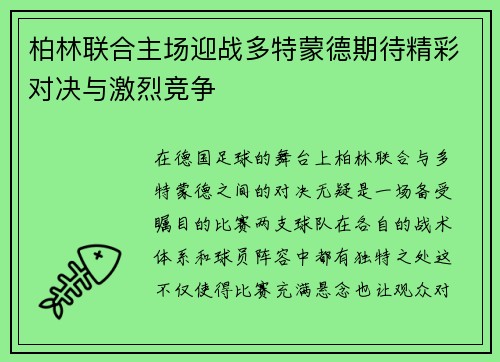 柏林联合主场迎战多特蒙德期待精彩对决与激烈竞争