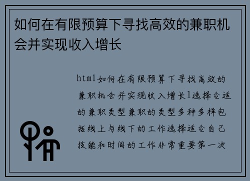 如何在有限预算下寻找高效的兼职机会并实现收入增长