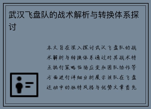 武汉飞盘队的战术解析与转换体系探讨