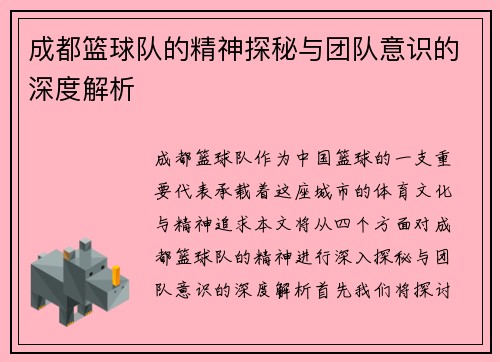 成都篮球队的精神探秘与团队意识的深度解析